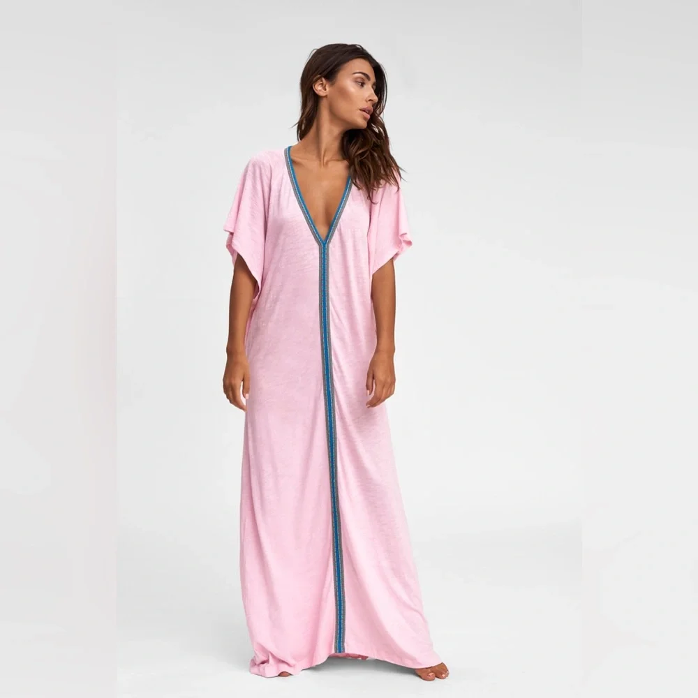 NWT Pitusa Pima Abaya Light Pink Inca Trim Maxi Summer Dress Coverup Standard